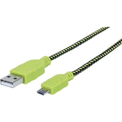 USB – mikro USB lapos adatkábel (1x USB 2.0 dugó A - 1x mikro USB B dugó) 1.8 m zöld/fekete színű Manhattan 352765