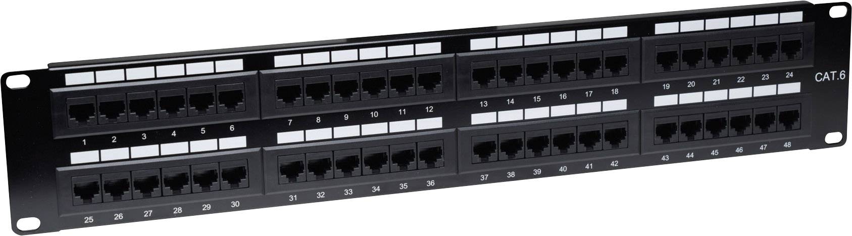 Patchpanel Cat6 csatlakozókkal, számozott portokkal hálózati kábelezéshez, 19 hüvelykes rack-szekrénybe szerelhető.