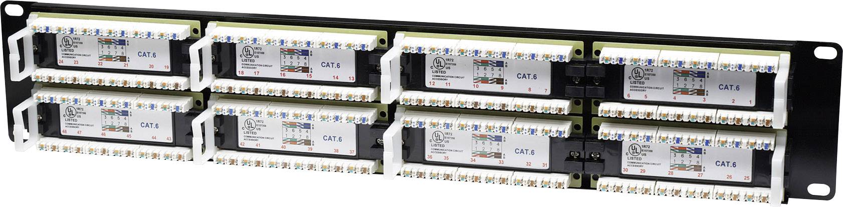 Egy nyolc hálózati csatlakozóval rendelkező patch panel, balról jobbra számozva. Minden csatlakozó kábelekkel csatlakoztatva és 'CAT 5' felirattal ellátva.