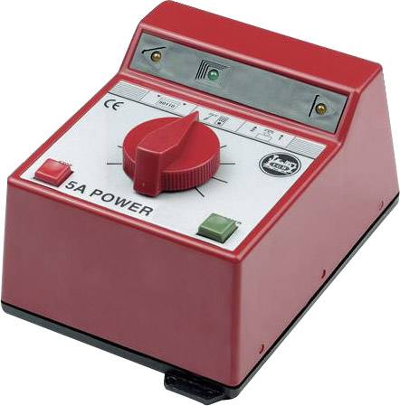 Piros, trapéz alakú elektromos eszköz egy nagy piros forgatógombbal; felirata '5A POWER'. Alkalmas áramszabályozásra.