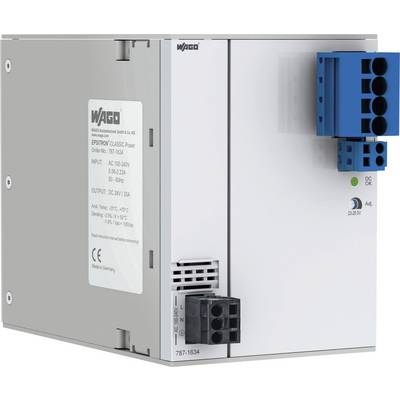 Egy kék csatlakozóval ellátott WAGO kapcsolóüzemű tápegység, amely 100-240V AC bemenetet és 24V DC, 20/26A kimenetet mutat. CE-jelölés látható.