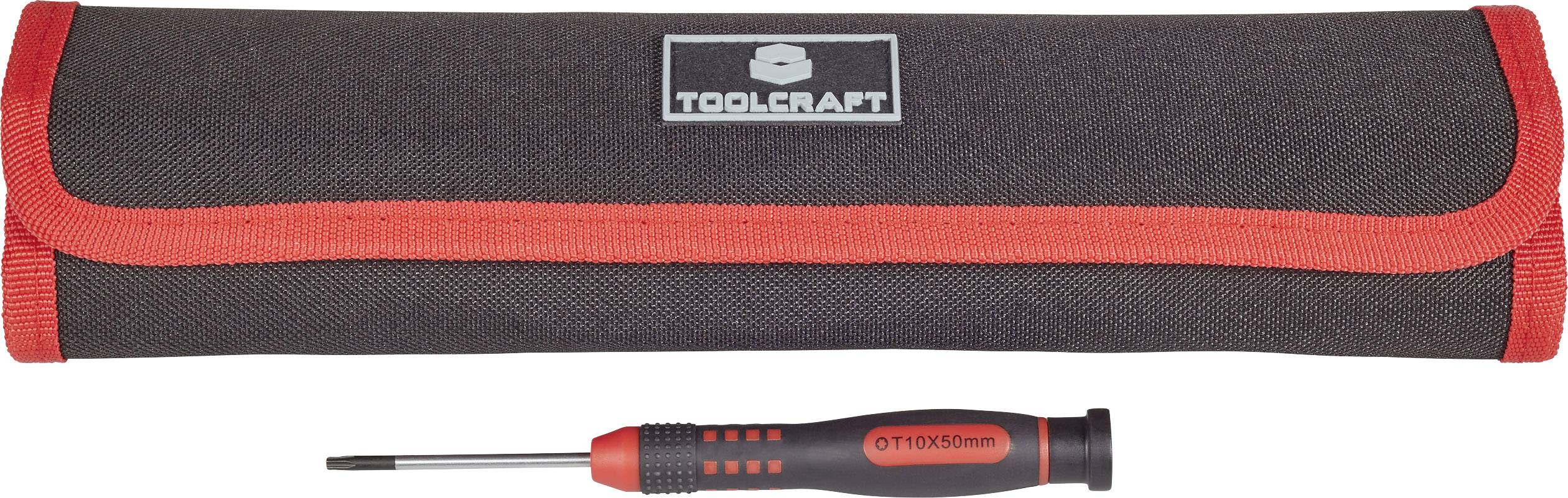 Fekete tok piros varrásokkal és egy piros markolatú, fémhegyű csavarhúzóval előtte.