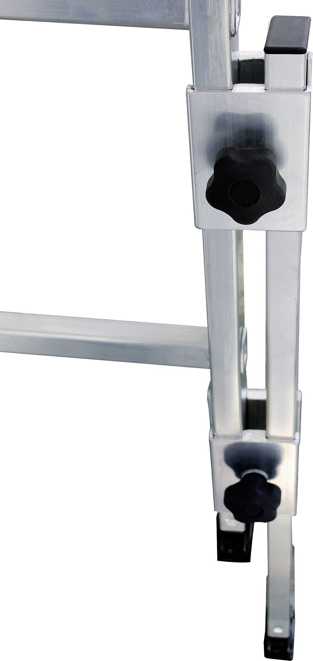 Egy kinyitható alumínium létra zsanérjának részletei, amely beállító gombokat és rögzítő mechanizmust mutat.