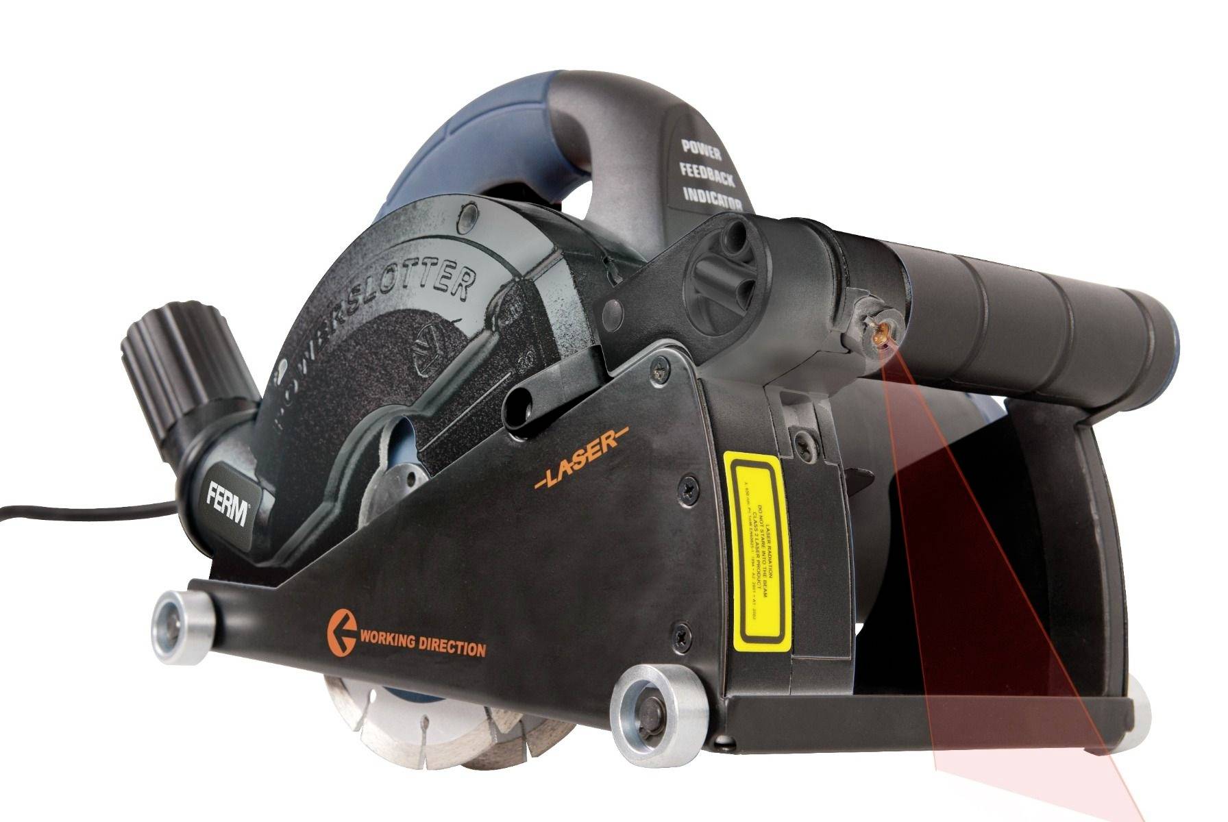 Kézi körfűrész lézeres útmutatóval, mutatja a vágás irányát. Nyomja meg a fekete fogantyút a vágókerék aktiválásához.