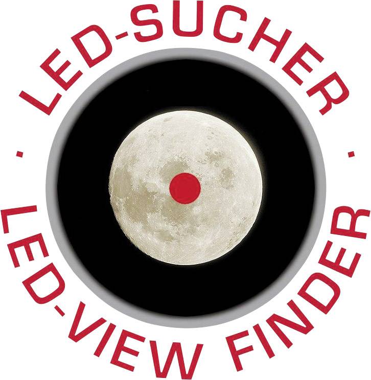 Egy telihold piros ponttal a közepén, körülvéve egy körrel, amelyen a szöveg: 'LED-kereső - LED-View Finder'.
