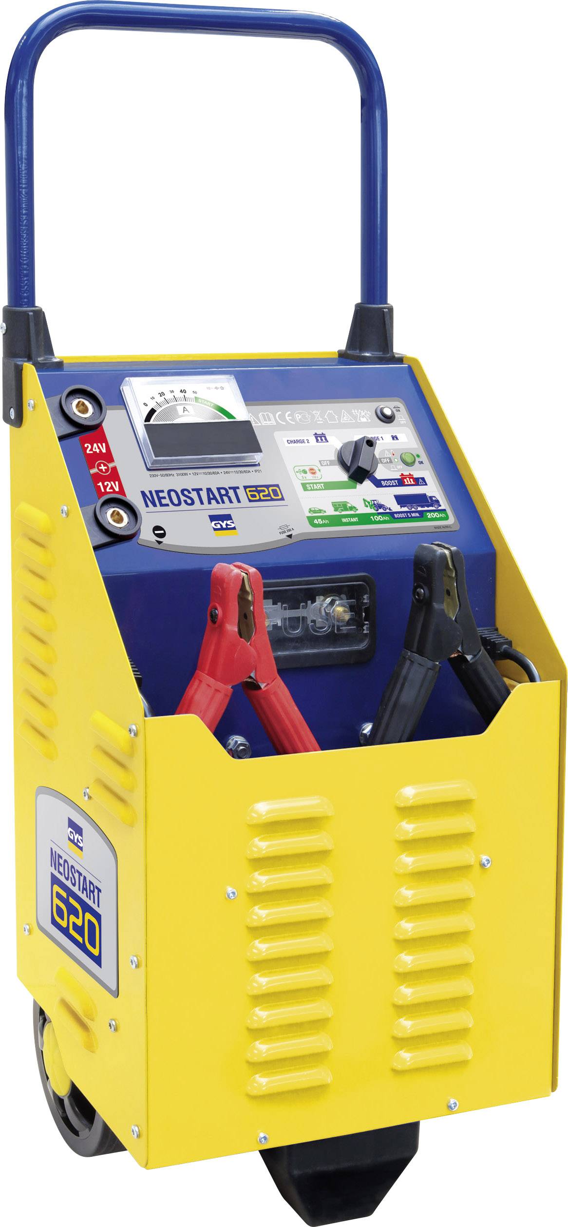 Sárga, mobil indítósegély-eszköz fogantyúval, kijelzővel és kábelekkel. Alkalmas autókhoz, 12V és 24V kimeneti feszültséggel.