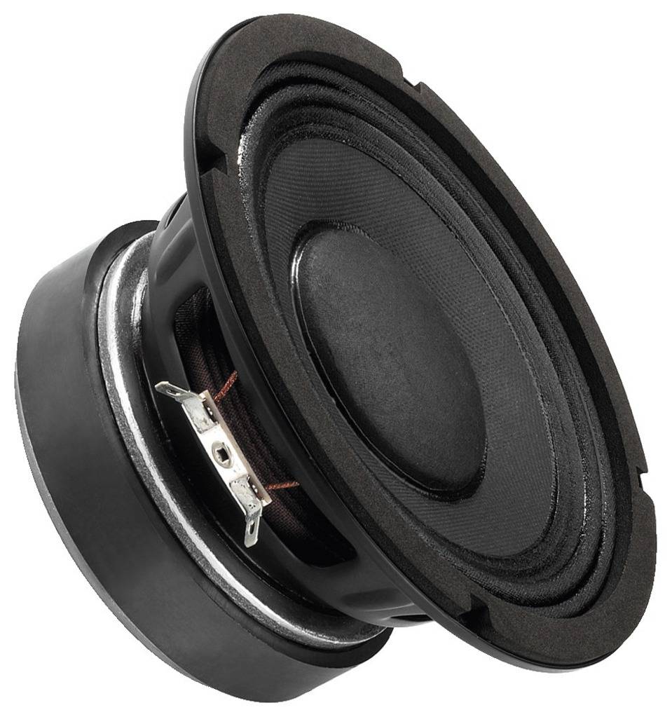 Egy fekete hangszóró, oldalról fényképezve, amelynek mágnese és membránja látható, audiotechnikai alkalmazásokhoz tervezve.