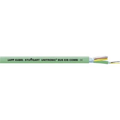 Zöld többeres kábel, amelyen a "LAPP KABEL STUTTGART UNITRONIC® BUS EIB COMBI CE" felirat olvasható, több színes vezetéket mutat az egyik végén.