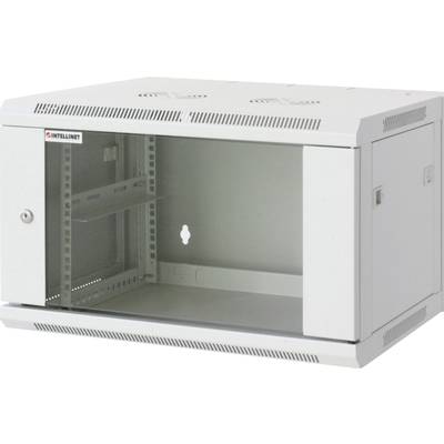 19"-os fali rackszekrény, hálózati szerverszekrény, zárható ajtóval 600 x 370 x 450 mm, szürke 6 HE Intellnet 711760