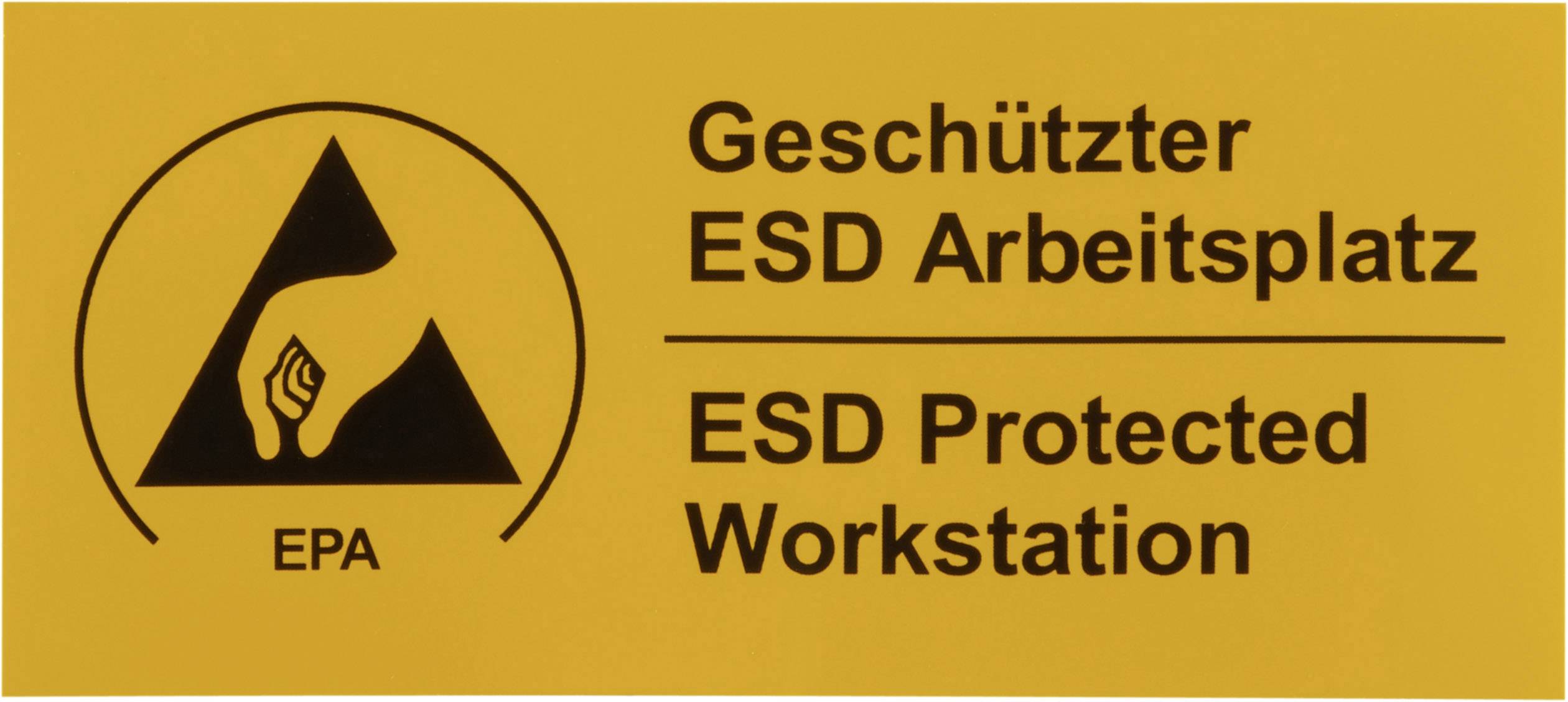 Sárga tábla fekete szimbólummal az elektrosztatikusan védett munkaterületek számára, rajta a "Védett ESD munkahely" felirattal.