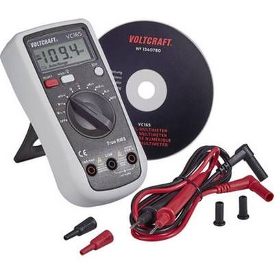 Digitális multiméter '10.9V' kijelzővel, mérővezetékekkel, CD-s kézikönyvvel és tartozékokkal, elektromos mérésekhez használva.