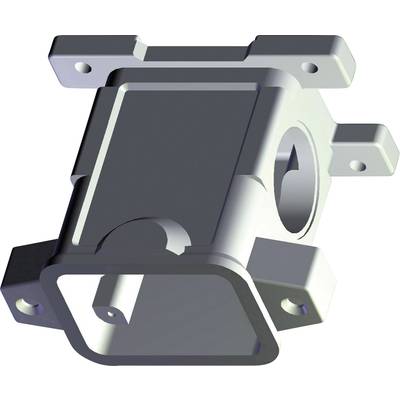Egy háromdimenziós modell egy téglalap alakú mechanikai alkatrészről, amelynek sarkaiban rögzítőelemek vannak.