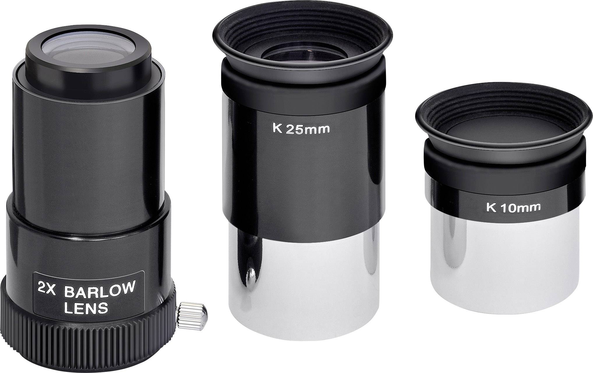Három teleszkópos lencse: balra egy 2x Barlow-lencse, mellette egy K 25mm és egy K 10mm lencse. Mindegyik fekete ezüst elemekkel.