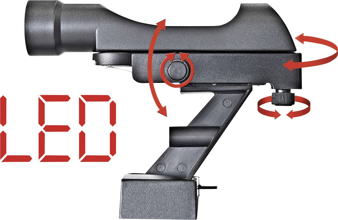 A fekete optikai eszköz oldalnézeti képe, amelyen piros nyilak mutatják a beállítási lehetőségeket. Balra az 'LED' felirat látható.