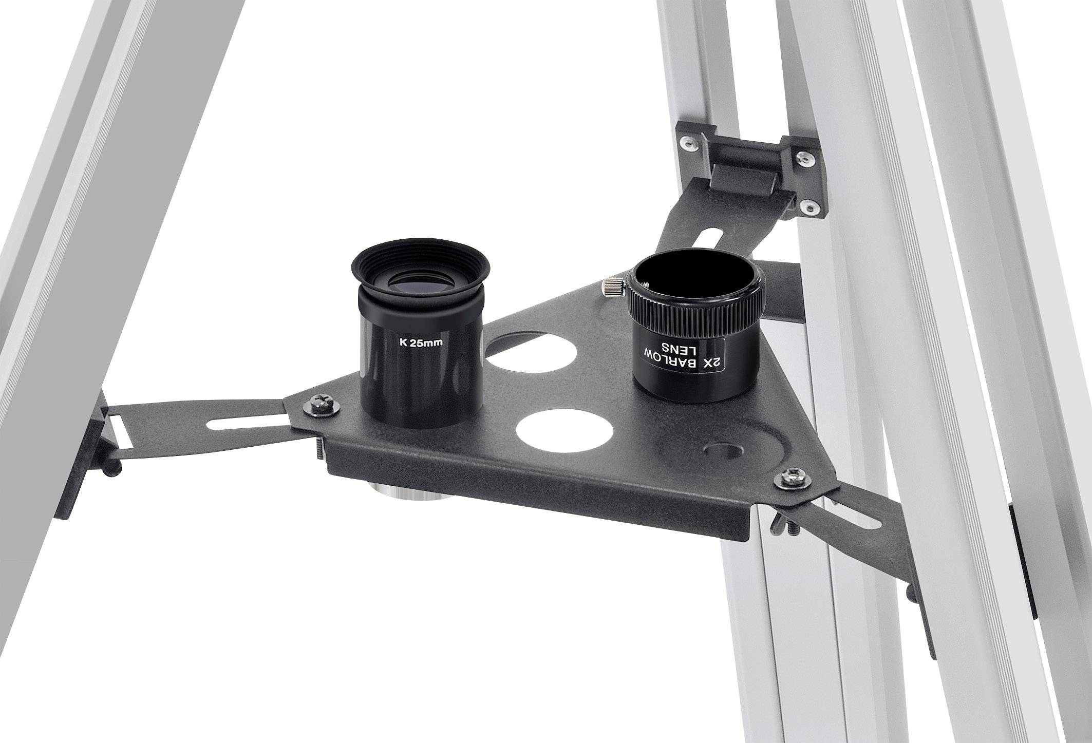 Egy fekete teleszkóp-tartozék tálca két hengerrel, három állványlábra szerelve.