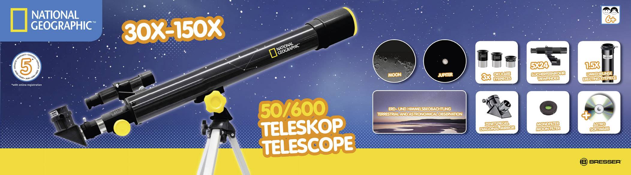 Egy fekete távcső állványon, mellette a '30x-150x', '50/600 Teleskop Telescope' szöveg. További tartozékok képei láthatók.