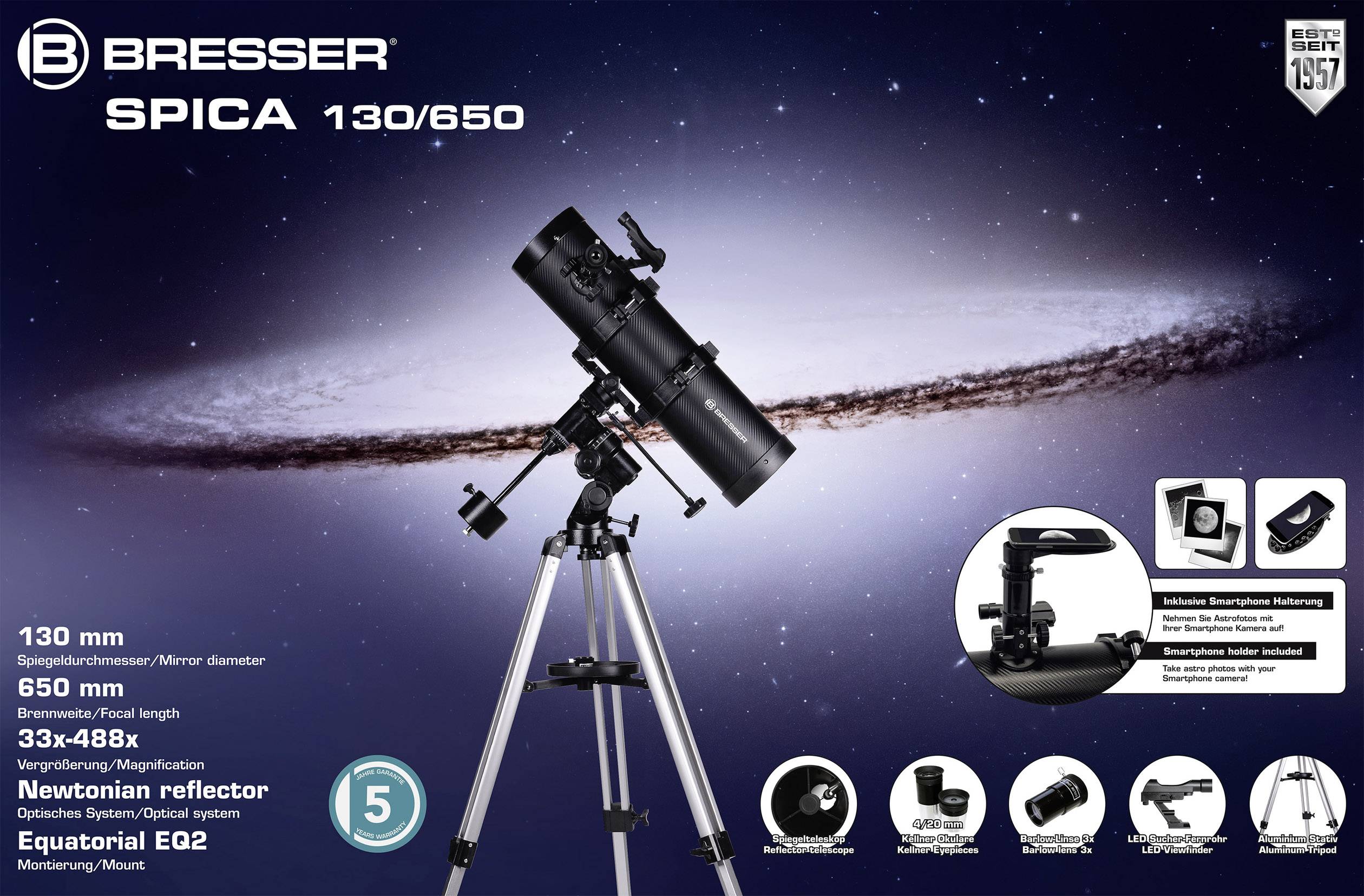'Bresser Spica 130/650 távcső, kezdőknek ideális, állítható nagyítás 33x-48x, Newton-tükrös, EQ2-rögzítésű.'