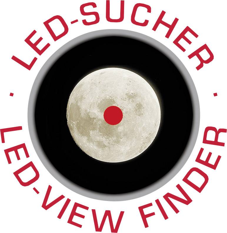 Telihold piros ponttal alatta, körülvéve a(z) 'LED-kereső LED-View Finder' szöveggel.