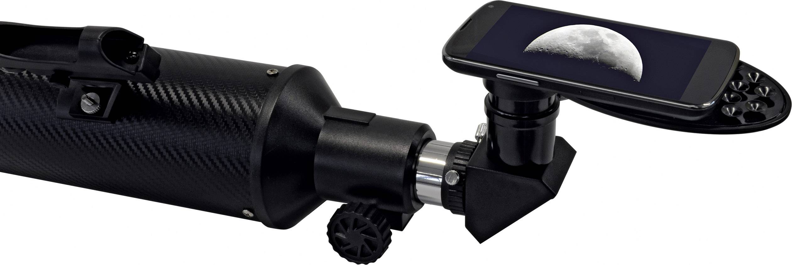 Teleszkóp okostelefon-tartóval mutatja a Hold képét a telefon képernyőjén.