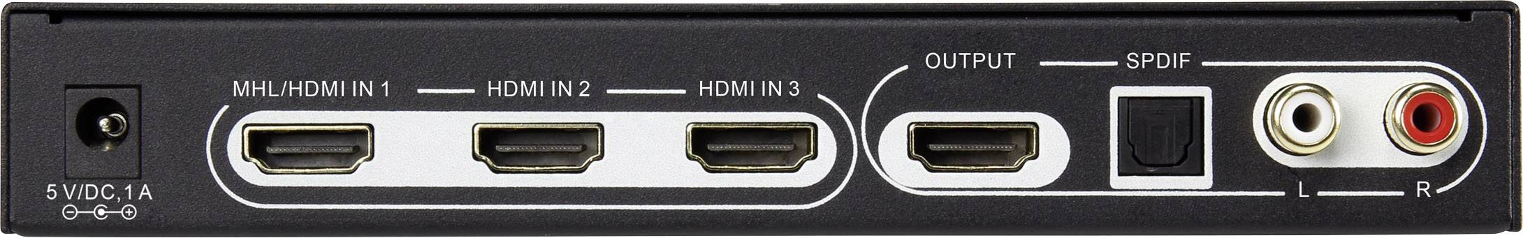 'Egy eszköz hátlapja három HDMI-bemenettel, egy SPDIF-kimenettel, egy audió-kimenettel és egy tápcsatlakozó aljzattal.'