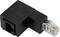 Egy fekete Ethernet derékszögű adapter RJ45 csatlakozóval és RJ45 aljzattal hálózati kábelek csatlakoztatásához szűk terekben.