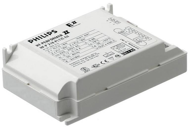 Elektronikus Philips előtét fénycsövekhez, HF-Performer II modell. Műszaki specifikációkat és csatlakozási rajzot mutat.