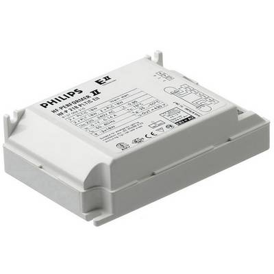 Elektronikus Philips előtét fénycsövekhez, HF-Performer II modell. Műszaki specifikációkat és csatlakozási rajzot mutat.