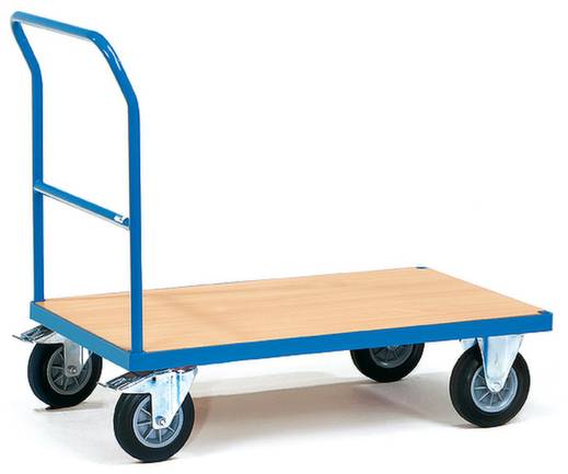 Egy kék platformkocsi négy kerékkel és lapos fafelülettel, amely alkalmas nehéz tárgyak szállítására.