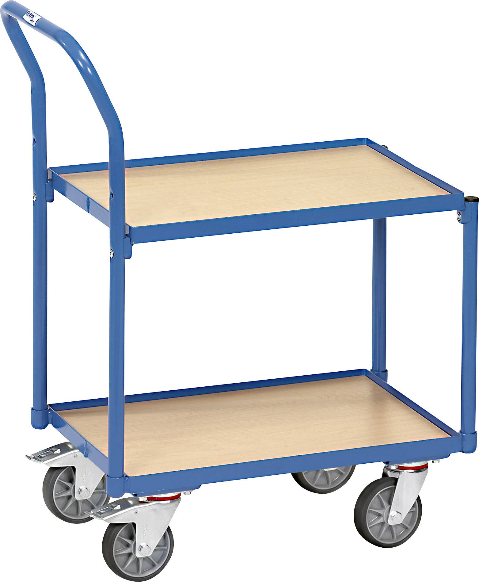 Egy kék szállítókocsi két falappal, négy kerékkel alul a mobilitás érdekében. Tökéletes eszköz tárgyak szállítására sima felületeken.