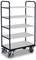 Egy fekete fémkeretű, fehér polcú, ötszintes szállítókocsi. Négy kereke biztosítja a mozgathatóságot.