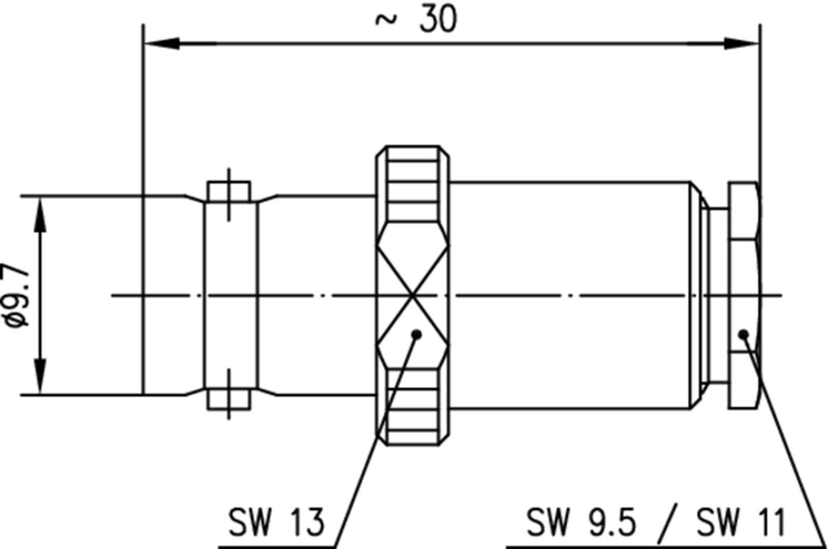 Egy csatlakozó műszaki rajza a következő adatokkal: 'SW 13', 'SW 9.5 / SW 11' és hosszméret '≈ 30', valamint átmérő '⌀9.7'.