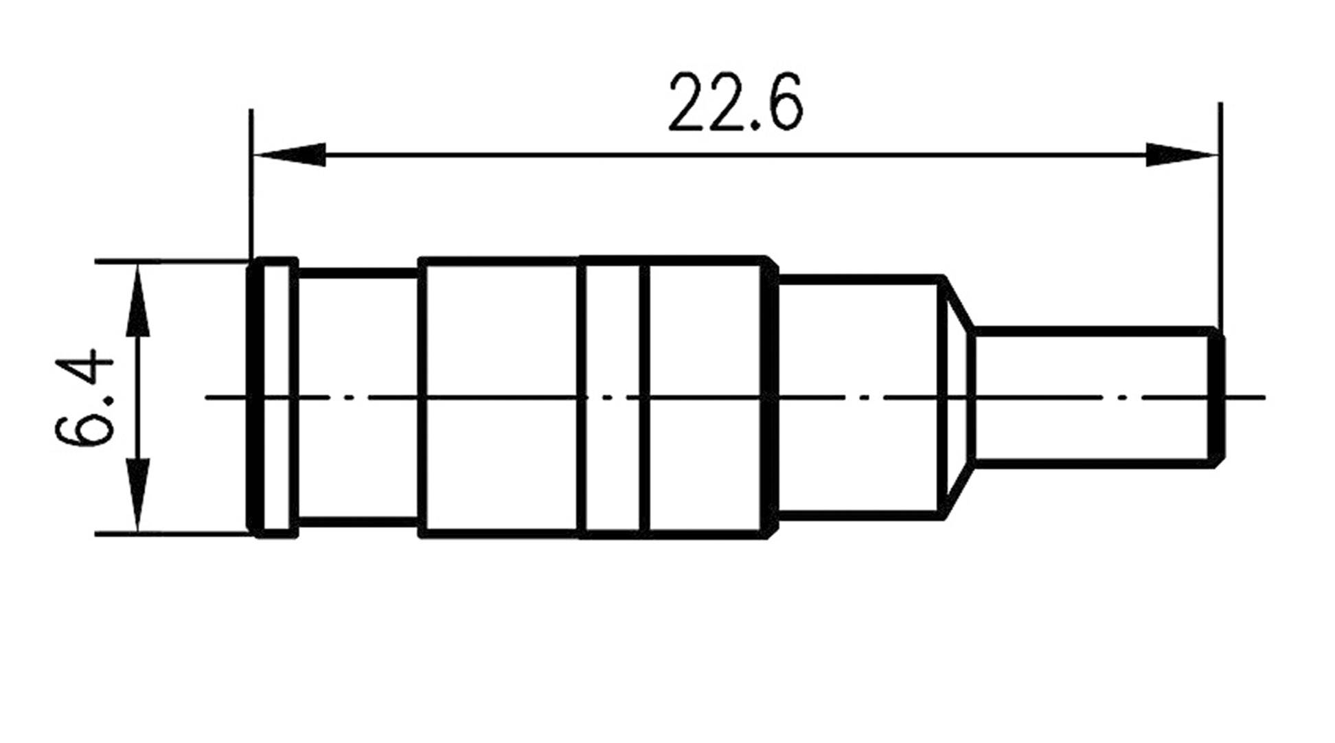 Egy hengeres alkatrész műszaki rajza, 22,6 mm hosszúsággal és 6,4 mm magassággal.