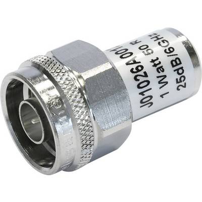 Egy ezüstszínű RF-csillapítótag, amelyen a '1 Watt 50 Ohm 25dB 6GHz' felirat szerepel, egy ismert gyártótól.