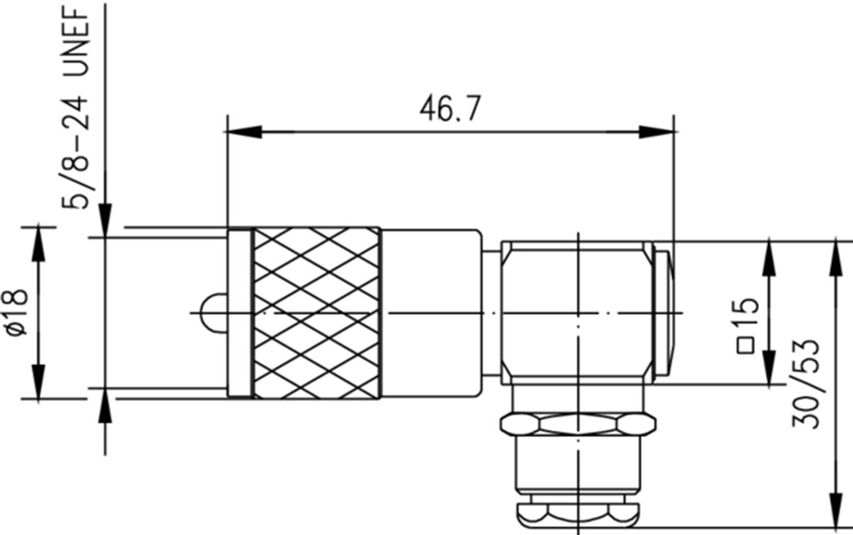 Műszaki rajz egy csatlakozóelemről méretekkel: 46,7 mm (hosszúság), 18 mm (átmérő), 5/8-24 UNEF menet.