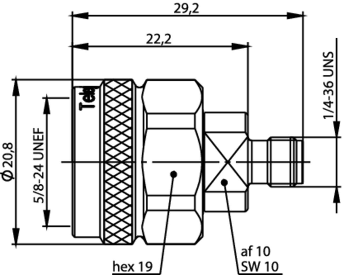 Adapter csatlakozó műszaki rajza. Méretek: 29,2 mm szélesség, 22,2 mm hosszúság, 5/8-24 UNEF menet, hatszög 19, af 10, SW 10.