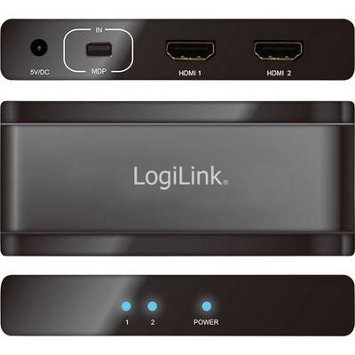 Egy fekete doboz a következő csatlakozókkal: MDP, HDMI 1, HDMI 2. Három kék állapotjelző lámpa az '1', '2' és a 'Power' felirattal.