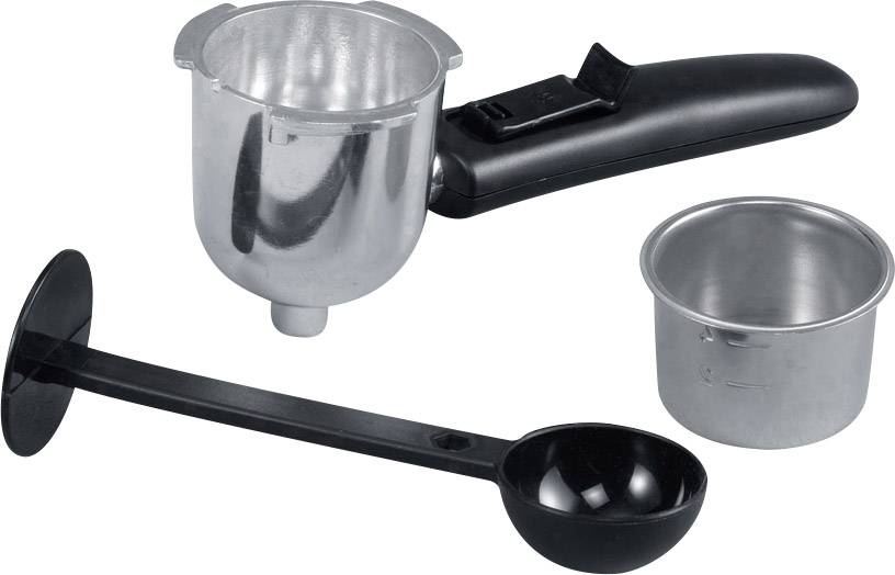 Kávéfőző levehető alkatrészekkel: fémtartály fogantyúval, kis kiegészítő edény és fekete kanál.