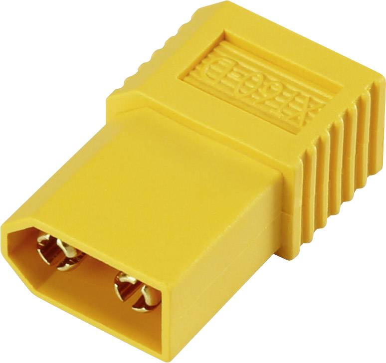 'Egy sárga XT60-csatlakozó elektromos kapcsolatokhoz. Téglalap alakú, két fémcsúccsal a belsejében.'