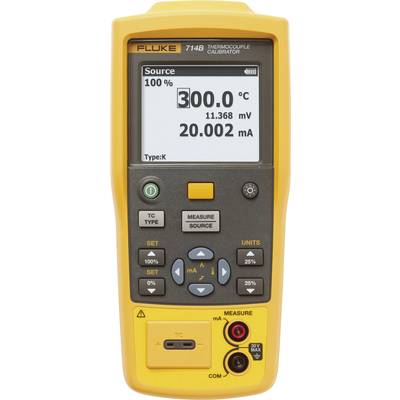 Egy sárga hőelem-kalibrátor 300,0 °C hőmérsékletet és 20,002 mA áramerősséget mutat. Üzemmód: K típus.