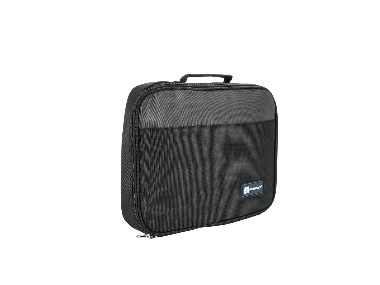 Fekete laptoptáska fogantyúval, téglalap alakú, letisztult dizájn. Ideális laptopok vagy dokumentumok szállítására.