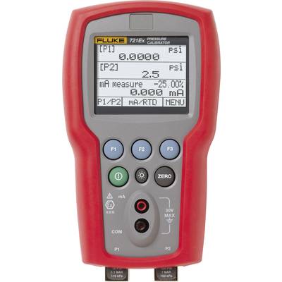 Egy piros nyomáskalibrátoros eszköz digitális kijelzővel nyomásértékeket mutat: '0.0000 PSI' és '2.5 mA -25.00%-nál'.
