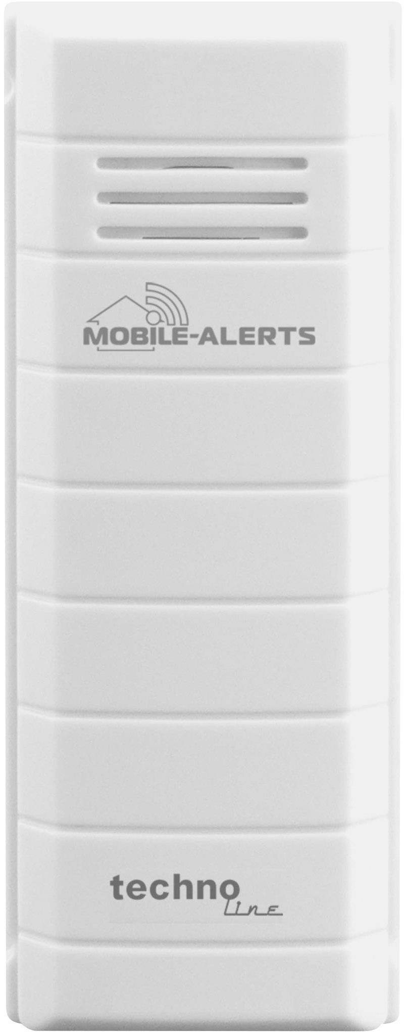 Egy fehér érzékelő, amelyen a 'Mobile-Alerts' és a 'Techno Line' felirat szerepel. Szellőzőnyílásokkal rendelkezik felül, és adatgyűjtésre szolgál.