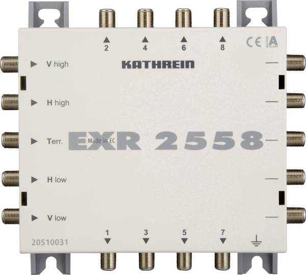 Kathrein EXR 2558 SAT multikapcsoló kaszkád Bemenetek (multikapcsoló): 5 (4 SAT/1 terresztikus) Résztvevők száma: 8