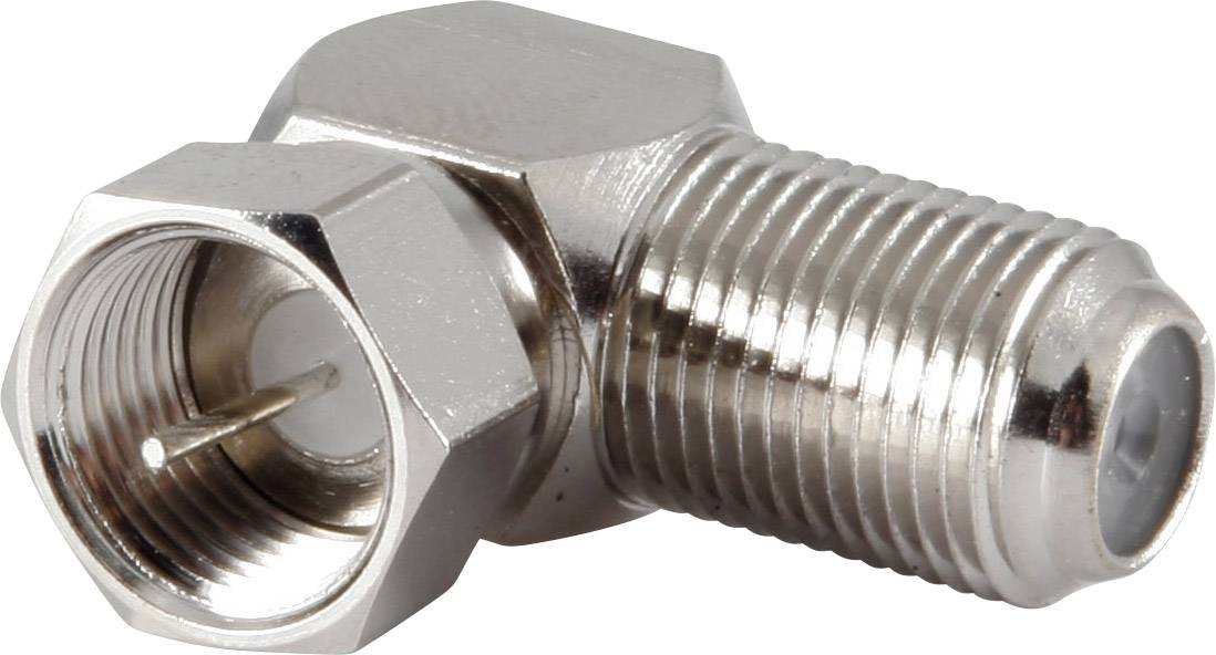 Egy fém F-típusú csatlakozó adapter, derékszögű, koaxiális kábelek csatlakoztatásához. Elsősorban kábel- és műholdas rendszerekben használt.