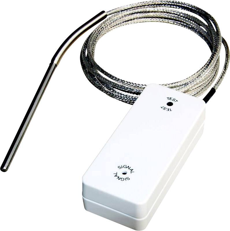 Egy elektronikus eszköz vezetékes érzékelővel, amelyet hőmérséklet mérésére használnak. Rendelkezik 'Teszt' és 'Jel' gombokkal.