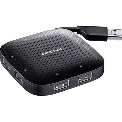Fekete, négyzet alakú USB-elosztó négy USB-porttal és egy USB-kábellel. A 'TP-LINK' márkalogó az eszköz tetején látható.