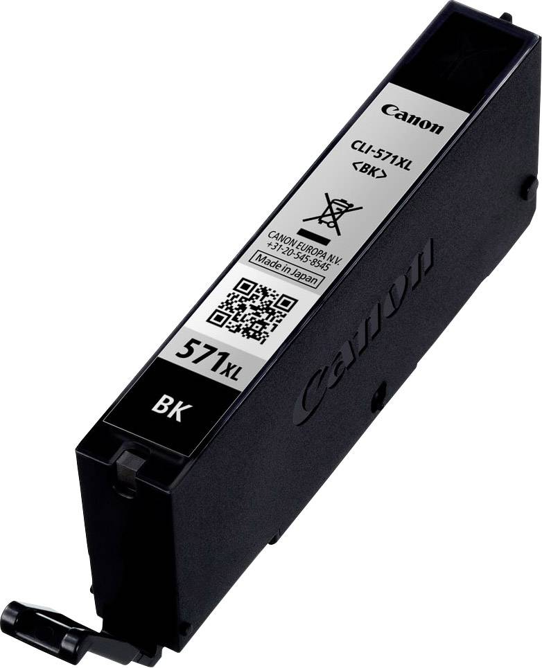 Canon CLI-571XL BK típusú fekete tintapatron, vonalkóddal és figyelmeztetéssel, hogy nem dobható a háztartási hulladékba.