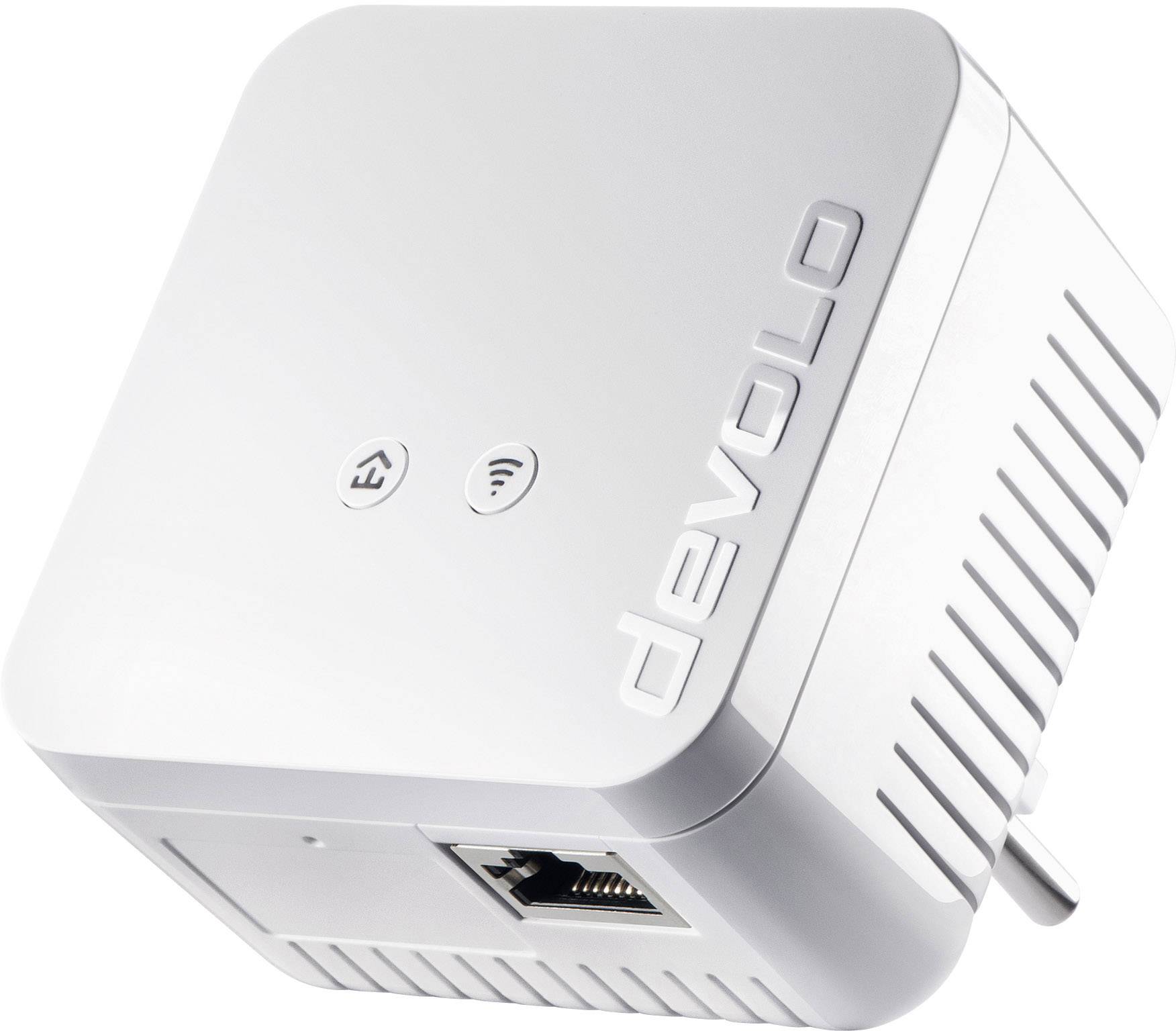 Egy fehér devolo WLAN-adapter Ethernet-csatlakozóval és két szimbólummal a felső oldalán: Powerline és WLAN.