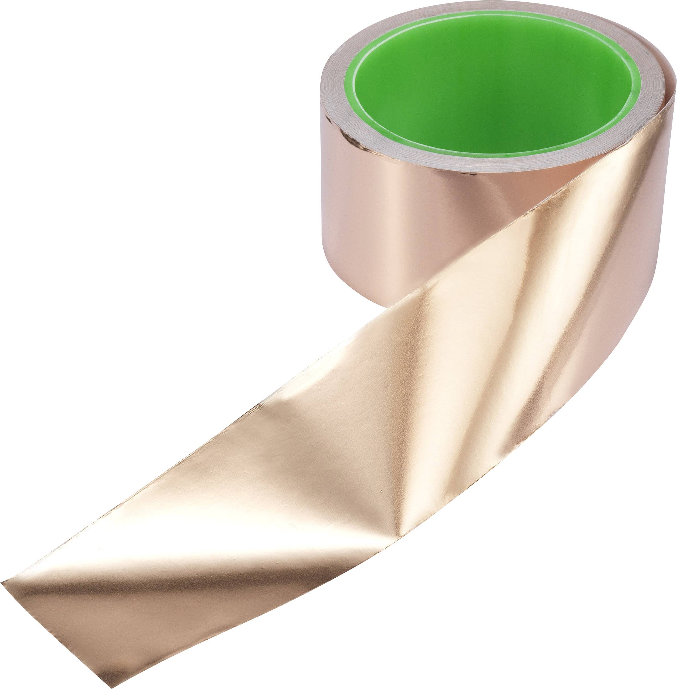 Fényes rézfóliatekercs zöld belső maggal, feltekerve és részben kitekercselve, elektronikai vagy kézműves felhasználásra alkalmas anyag.