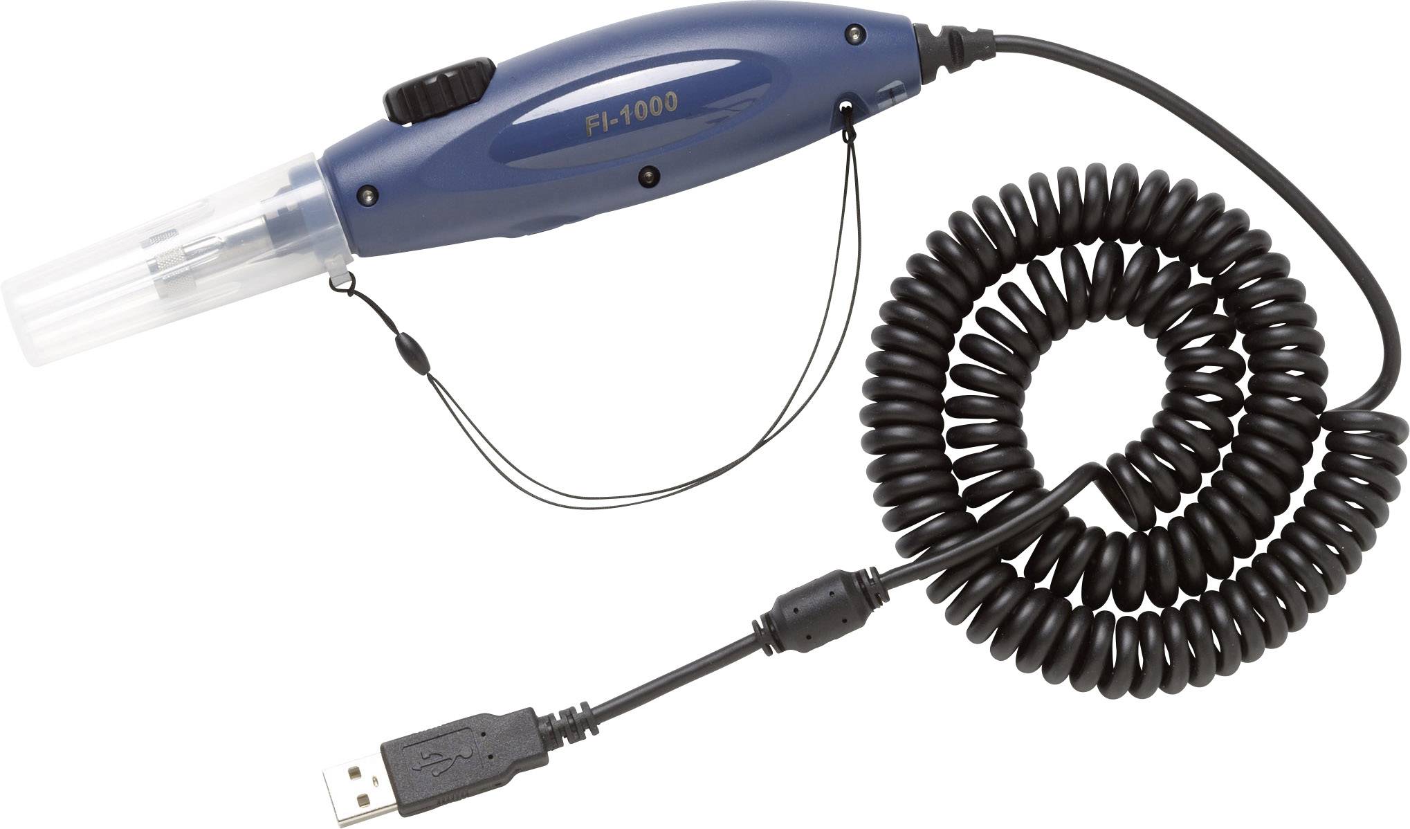 Kék száloptikai mikroszkóp USB-csatlakozóval és spirálkábellel, FI-1000 típus. Eszköz üvegszálkábel-csatlakozások vizsgálatára.